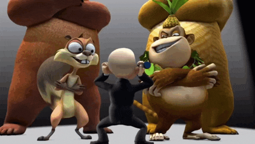 a group of cartoon characters including a squirrel and monkey