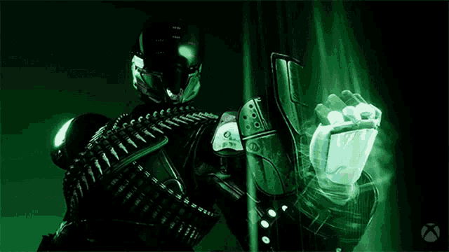 a video game character is holding a gun in front of a green background with an xbox logo