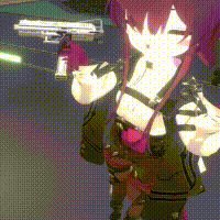 a girl with purple hair is holding a gun