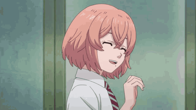 a girl with pink hair is waving her hand in a cartoon