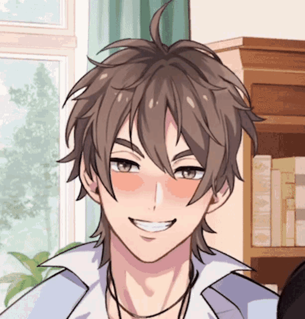 a man with a necklace around his neck is smiling