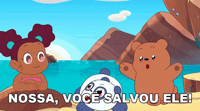 a cartoon says nossa voce salvou ele with a girl and a bear