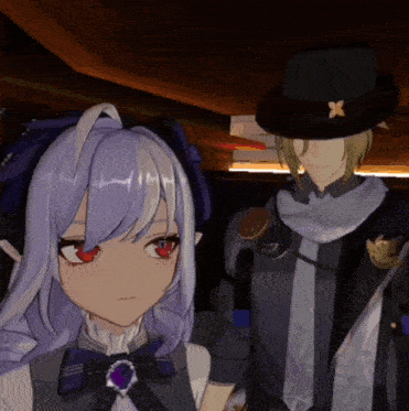 a girl with purple hair and red eyes is standing next to a man in a black hat with a x on it