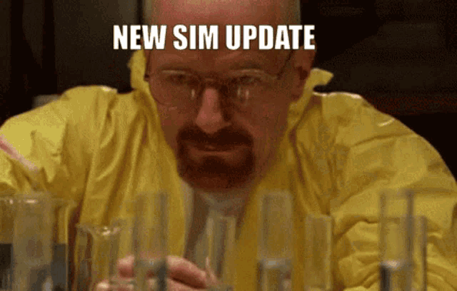 a man in a yellow suit is looking at beakers with the words " new sim update " on the bottom
