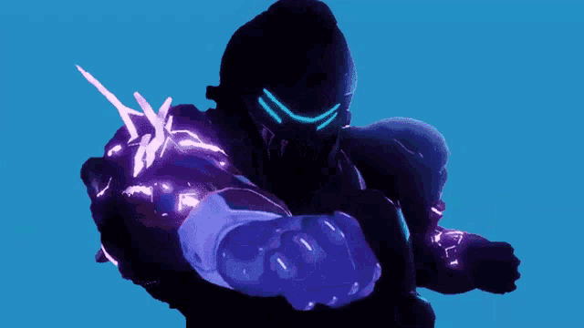 a video game character with purple and blue lights on his arms and chest