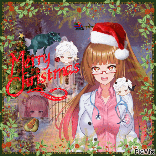 a christmas card with a doctor wearing a santa hat and a stethoscope
