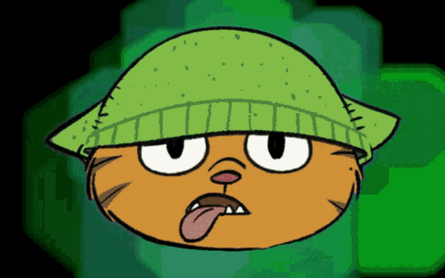 a cartoon of a cat wearing a green hat sticking its tongue out