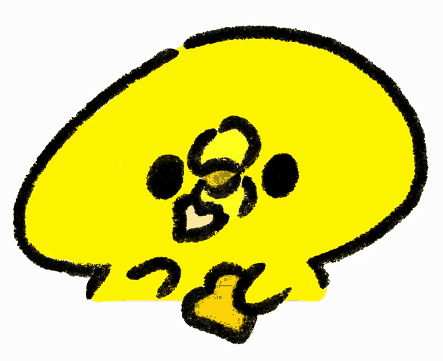 a drawing of a yellow chicken with a red beak and black eyes