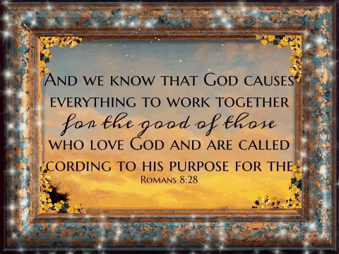 a framed picture with romans 8:28 written on it