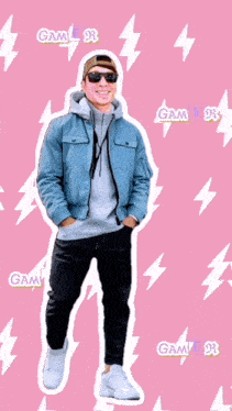 a man in a blue jacket stands in front of a pink background with lightning bolts and the words " game for thank you "
