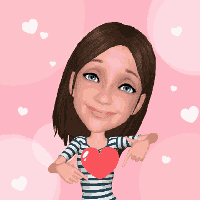 a cartoon girl holds a red heart in her hands