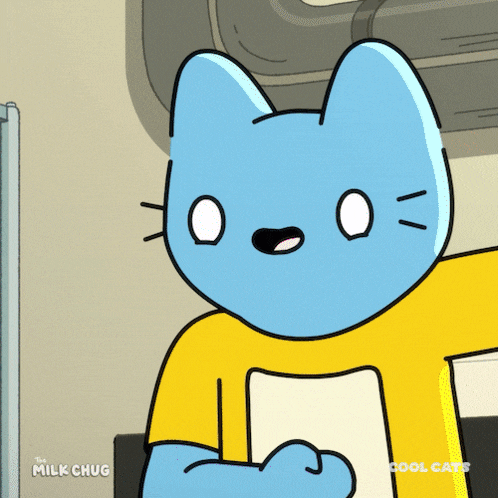 a cartoon drawing of a blue cat wearing a yellow shirt that says cool cats