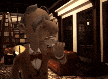 a cartoon character is drinking from a cup in a living room
