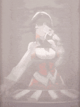 a girl in a red and white outfit is holding a card that says " a " on it