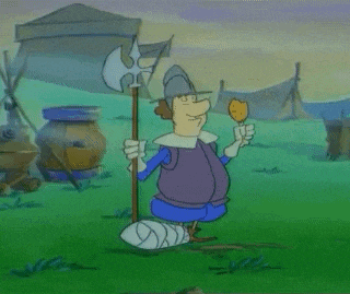 a cartoon character is kneeling down holding an axe and a piece of meat