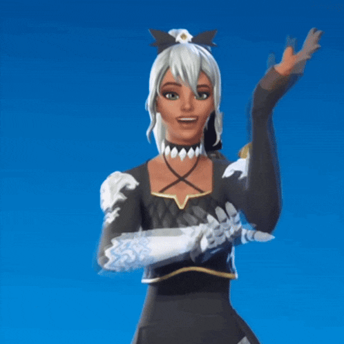 a woman in a black and white outfit is pointing her finger