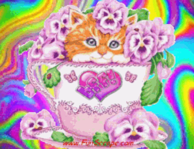 a painting of a cat in a teacup with flowers and butterflies