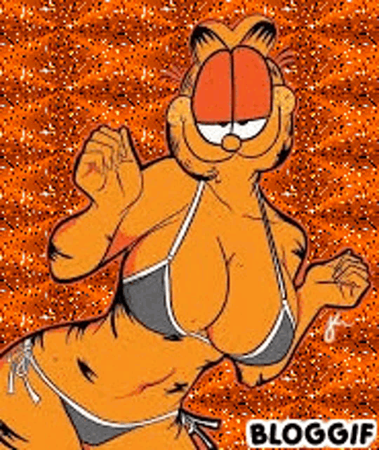 garfield is wearing a bikini and has a big belly .