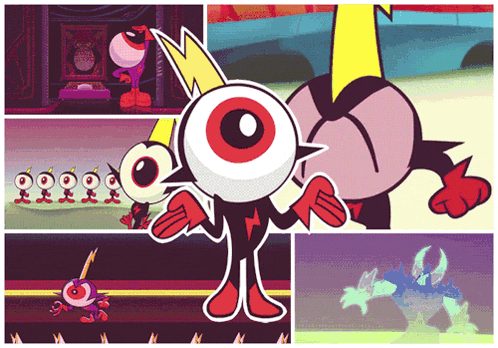 a cartoon character with a large red eye and a yellow lightning bolt on his head