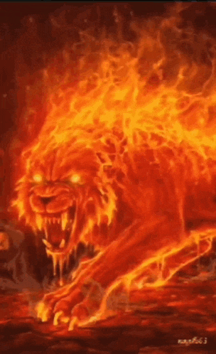 a painting of a lion made of fire with glowing eyes .