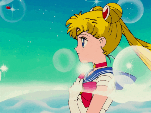 a cartoon of a girl in a sailor suit is surrounded by bubbles