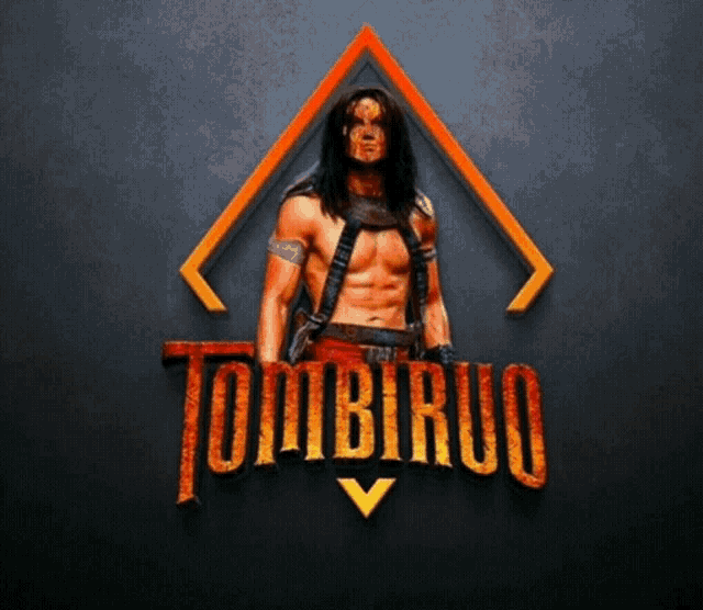 a man with a mask on his face stands in front of a tombiruo logo