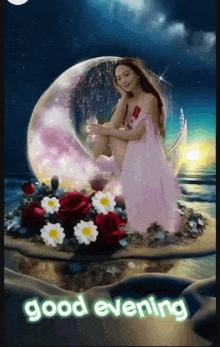 a woman in a pink dress is sitting on a crescent moon with the words good evening below her