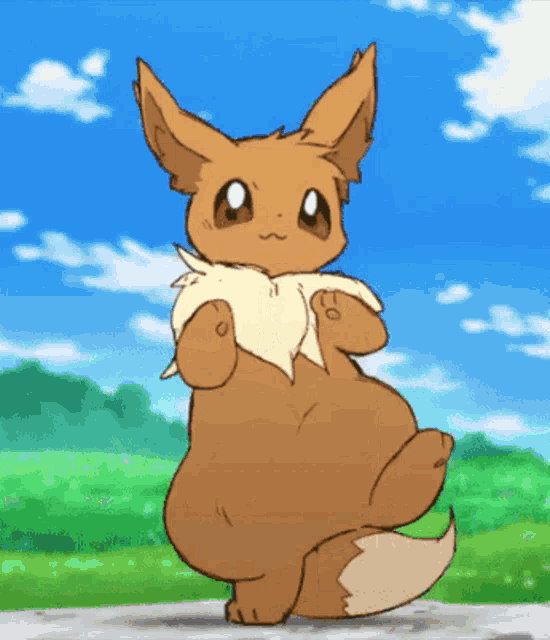 a cartoon eevee is standing on its hind legs in front of a grassy field