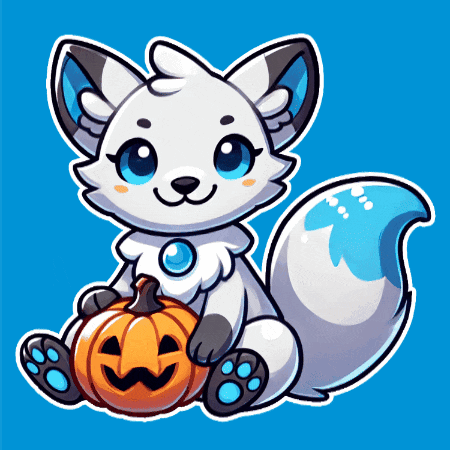 a cartoon of a white fox holding a pumpkin on a blue background