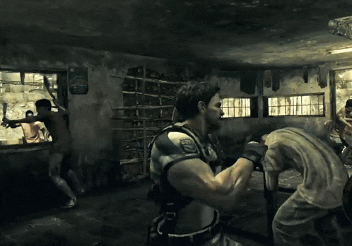 a man with a gun is fighting another man