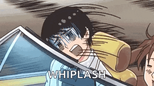 a cartoon of a boy in a car with whiplash written above him