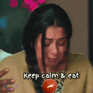 a woman is crying with the words keep calm and eat behind her