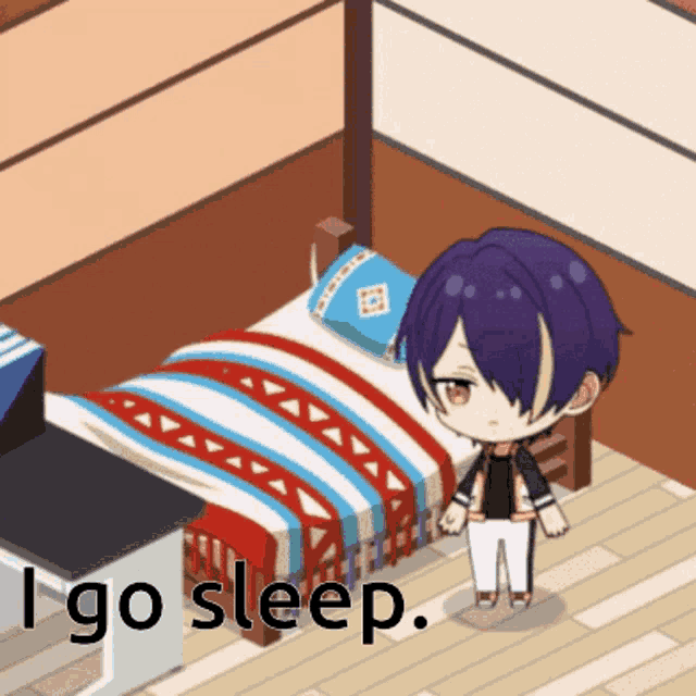 a cartoon character standing in front of a bed with the words " i go sleep " written below him