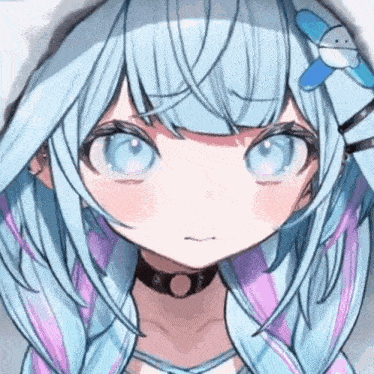 a close up of a girl with blue hair and a choker on her neck .