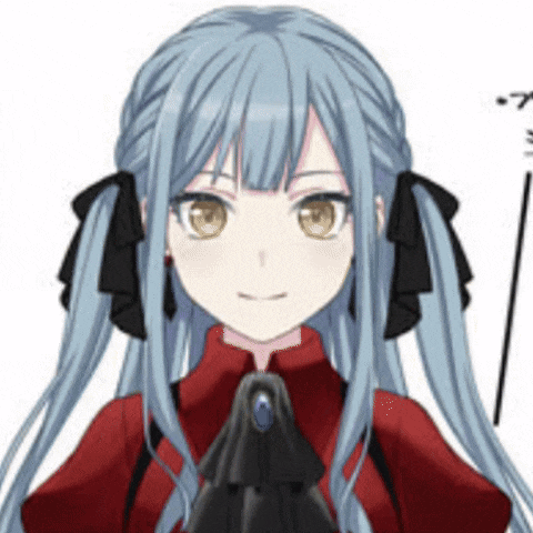 a close up of a blue haired anime girl wearing a red shirt and black tie .