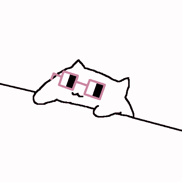 a cartoon cat wearing pink sunglasses is peeking over a wall