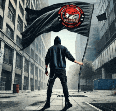 a man in a hoodie holds up a black flag with a logo on it that says ' freedom ' on it