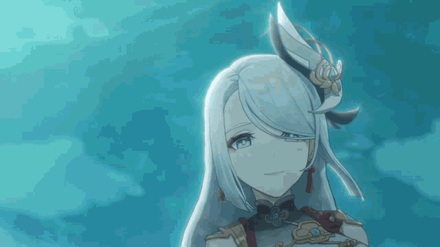 a girl with long white hair and blue eyes is wearing a costume