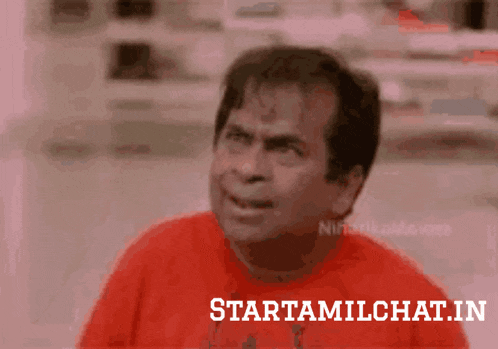 a man in a red shirt says starttamilchat.in on the bottom right