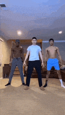 three men are standing next to each other in a living room without shirts on .