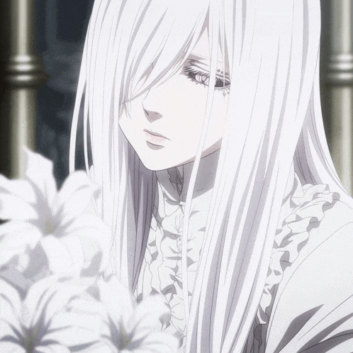 a girl with long white hair is standing next to a bunch of white flowers