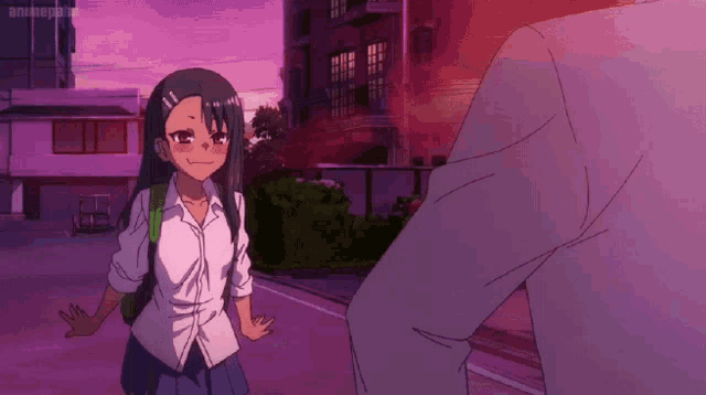 a girl with a backpack is standing next to a man in a cartoon
