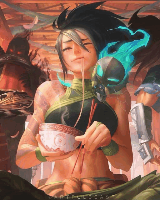 a painting of a woman holding a bowl of noodles with chopsticks and the letters artfulbeast on the bottom