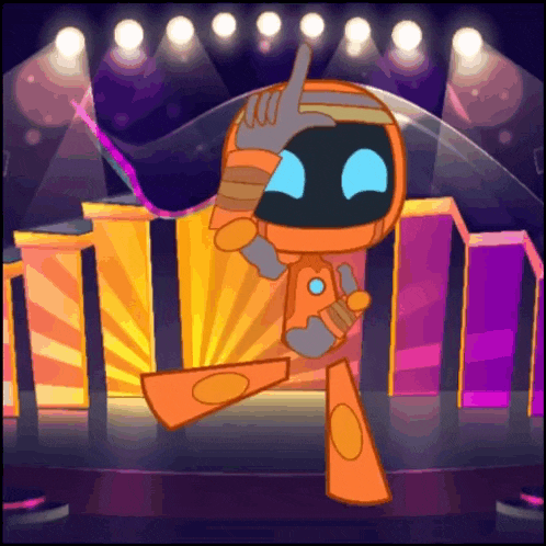 a cartoon character is standing on a stage with a microphone and giving the middle finger