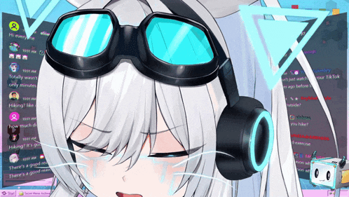 a girl wearing goggles and headphones is crying on a screen
