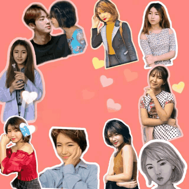 a collage of pictures of a man and a woman on a pink background with hearts in the background