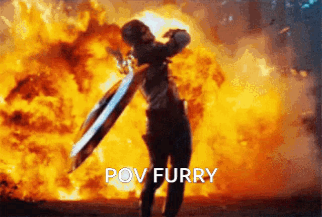 a man holding a shield in front of an explosion with the words pov furry written below him