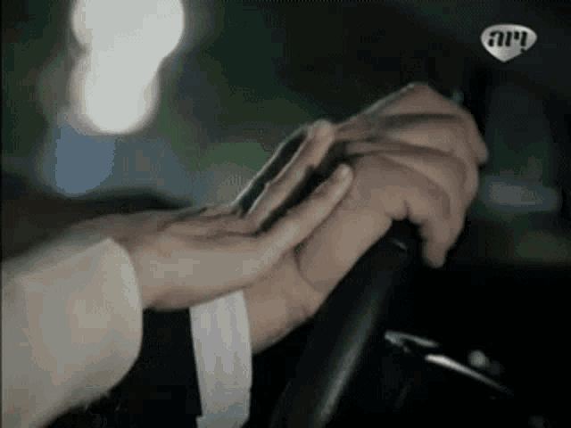 a man is holding a woman 's hand while driving a car .