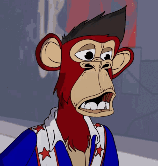 a cartoon of a monkey wearing a blue jacket with red white and blue stars on it