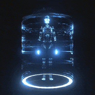 a futuristic image of a man in a cylinder with a circle around him